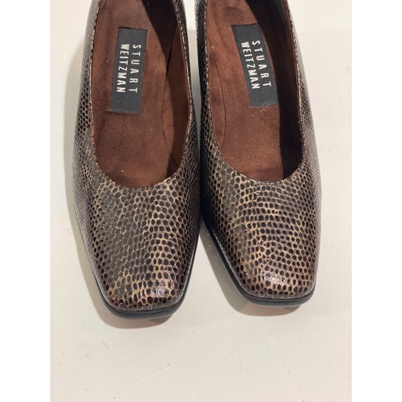 Stuart Weitzman Brown Snakeskin Leather Block Heel Pumps Size 6B Made Spain - Picture 13 of 14